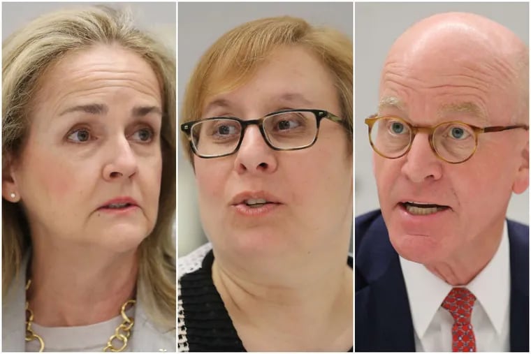 Democratic congressional candidates in Pa.&#039;s Fourth District: State Rep. Madeleine Dean, left; gun-control advocate Shira Goodman, center; and former Congressman Joe Hoeffel during a meeting with the Philadelphia Inquirer Editorial Board last month.