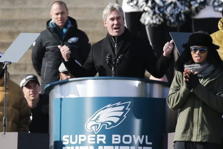 Eagles head coach Doug Pederson makes a speech on the steps of the Philadelphia Museum of Art during the Eagles Super Bowl LII victory celebration on Thursday, February 8, 2018. YONG KIM / Staff Photographer