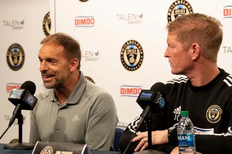 Union sporting director Ernst Tanner (left) and manager Jim Curtin at their end-of-season news conference two years ago, the last one they did in person.
