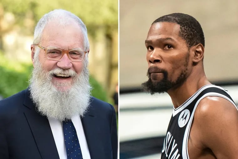 Late night legend David Letterman (left) crashed media day for the Brooklyn Nets and appeared to annoy superstar Kevin Durant (right) with questions like, "Why do they call you KD?"