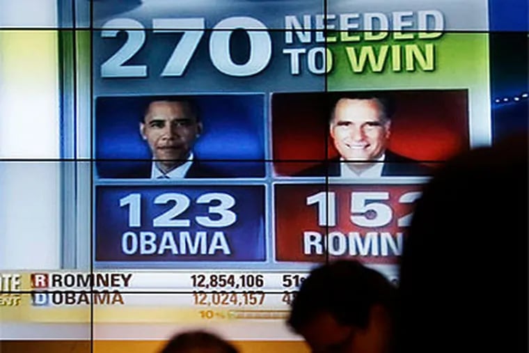 Election returns are broadcasted on a TV at the U.S. embassy in Rome on Wednesday. (Associated Press)
