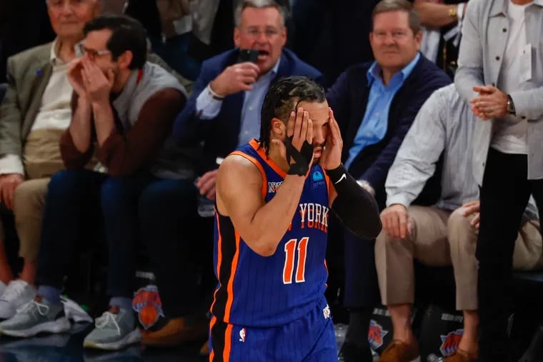 New York Knicks guard Jalen Brunson reacts after throwing the ball away in late overtime in Game 5 in New York, Tuesday, April 30, 2024.