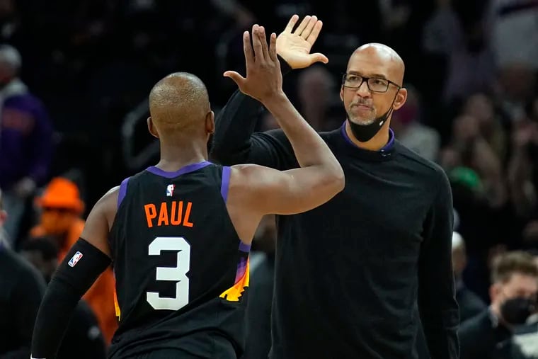Phoenix Suns coach Monty Williams and guard Chris Paul reacting after a timeout during the team's game against the Los Angeles Clippers on Jan. 6.