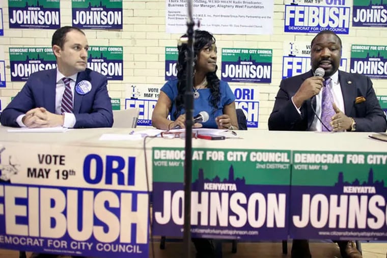 Ori Feibush (left) says City Councilman Kenyatta Johnson (right) is partly to blame for the man who made threats inside Feibush's South Philly office. (JOSEPH KACZMAREK / FOR THE DAILY NEWS)