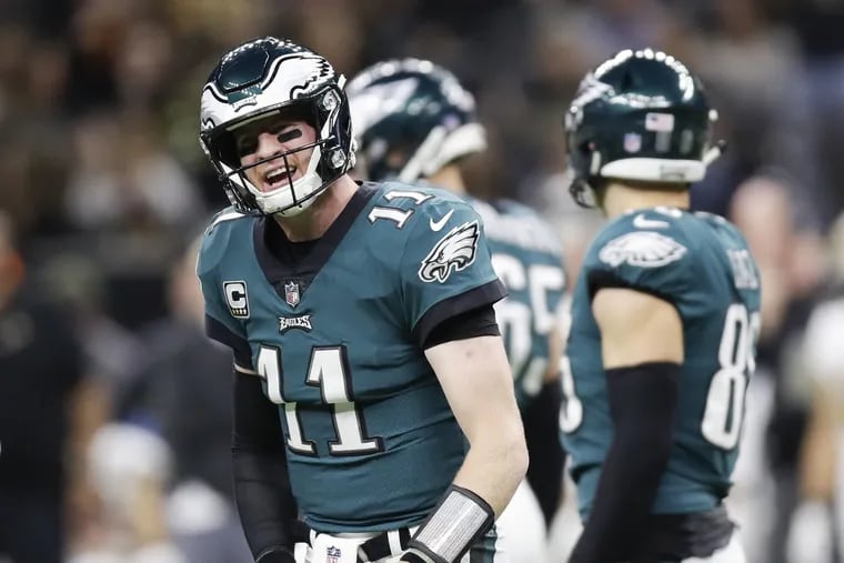Eagles quarterback Carson Wentz yells waiting for the right offensive personal on the field against the New Orleans Saints on Sunday, November 18, 2018 in New Orleans. YONG KIM / Staff Photographer