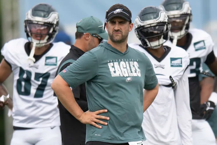 Eagles coach, Nick Sirianni looks on during a visit joint practice  with the Cleveland Browns on Monday, August 14, 2023, at Novacare Complex in Philadelphia, Pa.