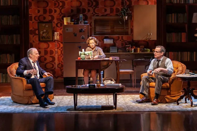 (Left to right:) Michael McKean, Edie Falco, and Peter Scolari in The New Group production of "The True," by Sharr White, directed by Scott Elliott.