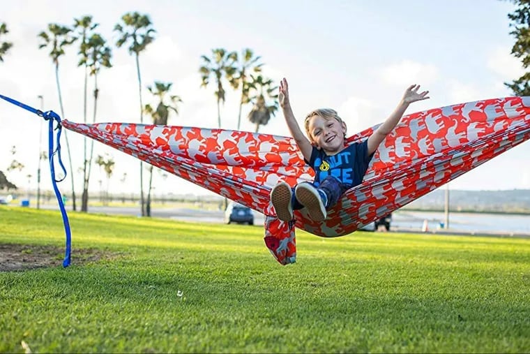 These Gand TRunk hammocks are a roomy 9 feet long by 4.5 feet wide and come with nautical-grade carabiners and starter rope.