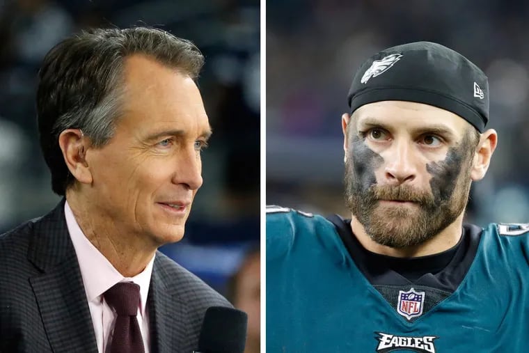 Eagles defender Chris Long (right) wasn’t a big fan of NBC’s Cris Collinsworth’s analysis of the Super Bowl.