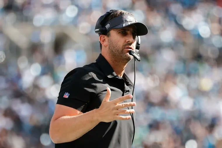 Eagles Head Coach Nick Sirianni watches his team during a fourth quarter two-point conversion against the Carolina Panthers on Sunday, October 10, 2021 in Charlotte.
