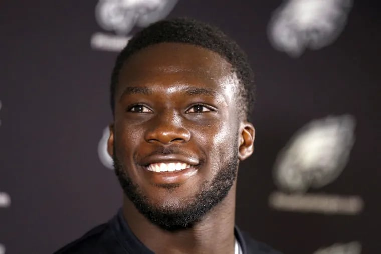Nelson Agholor talks to the media about his desire to keep getting better at the first dayof Eagles rookie camp. (Yong Kim/Staff Photographer)