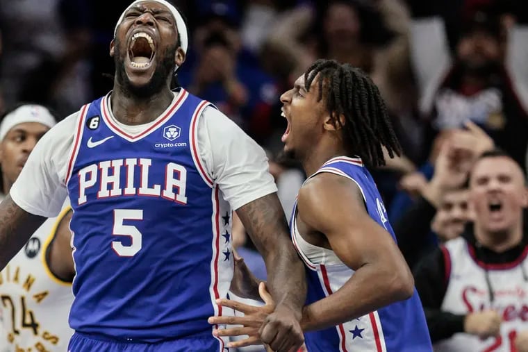 Sixers Montrezl Harrell celebrates his basket with teammate Tyrese Maxey against the Pacers during overtime at the Wells Fargo Center in Philadelphia, Wednesday,  January 4, 2023. Sixers beat the Pacers in overtime 129-126