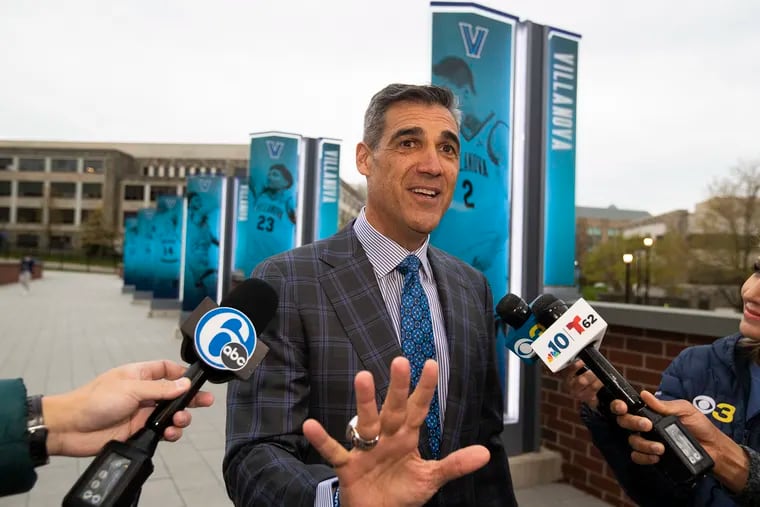 Coach Jay Wright arrives on April 21, 2022 during a team awards ceremony at the Finneran Pavilion at Villanova University. Wright announced earlier in the week, he will be retiring from coaching.