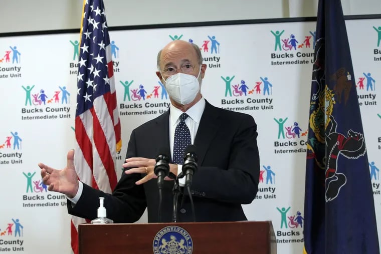 Gov. Tom Wolf held a news briefing at the Bucks County Intermediate Unit to discuss the state's progress in vaccinating school staff in the county on March 19. Some critics said the governor appeared out of touch with the region's concerns about vaccine supply at the briefing, adding to negative public perceptions about the vaccine rollout. The governor's office dismissed critics and said he wanted to focus the briefing on vaccine successes, like the rate of shots in arms.