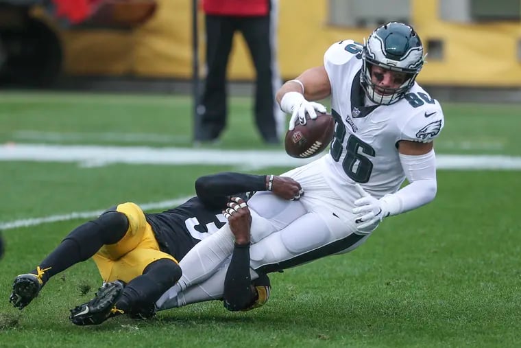 The Eagles' Zach Ertz is tackled by the Steelers' Terrell Edmunds.
