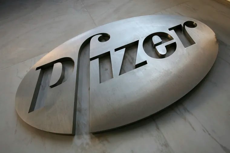 This Jan. 25, 2009 file photo, shows the sign at Pfizer world headquarters in New York. Drugmakers GlaxoSmithKline and Pfizer are merging their healthcare divisions, creating a business with combined sales of 9.8 billion pounds ($12.7 billion). (AP Photo/Mark Lennihan, File)