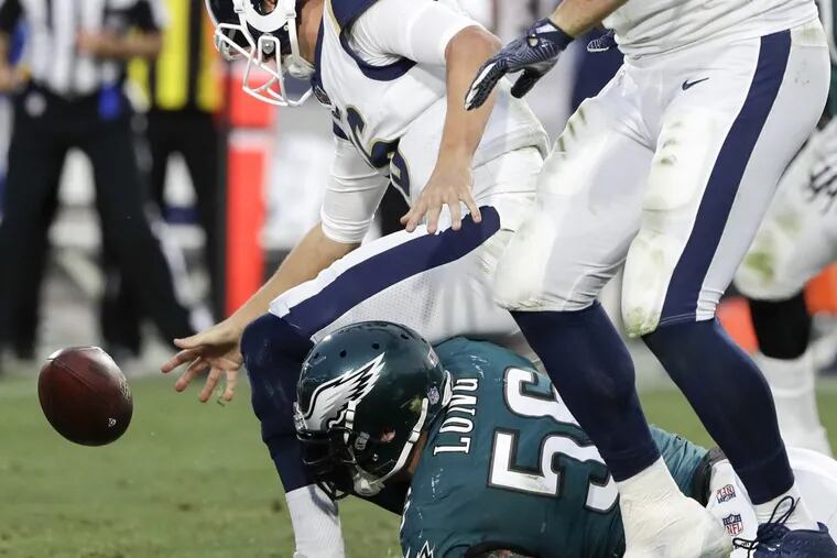 Chris Long, here forcing a Jared Goff fumble, called last year's victory at Los Angeles the team's last big regular-season victory, a boost toward the playoffs and the Super Bowl.