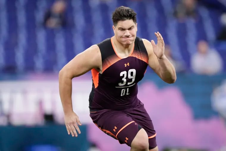 Penn State offensive lineman Connor McGovern runs a drill at the NFL combine in Indianapolis.