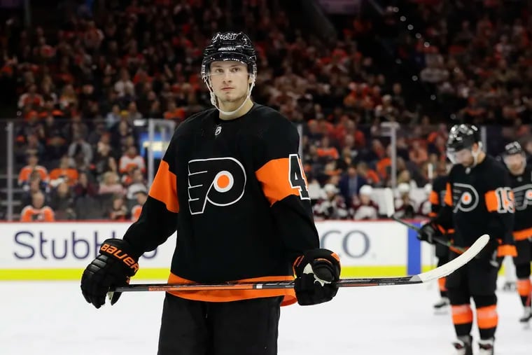 Flyers left wing Joel Farabee on the ice during a break against the Colorado Avalanche on Saturday, February 1, 2020 in Philadelphia.