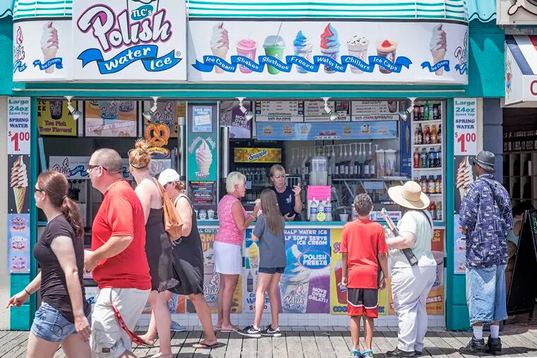 Customers at one of the Polish Water Ice stands in Ocean City, this one at 10th Street and the Boardwalk.