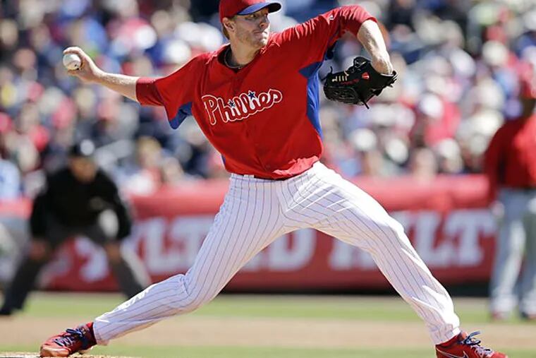 Philadelphia Phillies' Roy Halladay pitches during the second inning
of a spring training exhibition baseball game against the Washington
Nationals, Wednesday, March 6, 2013, in Clearwater, Fla. (AP
Photo/Matt Slocum)