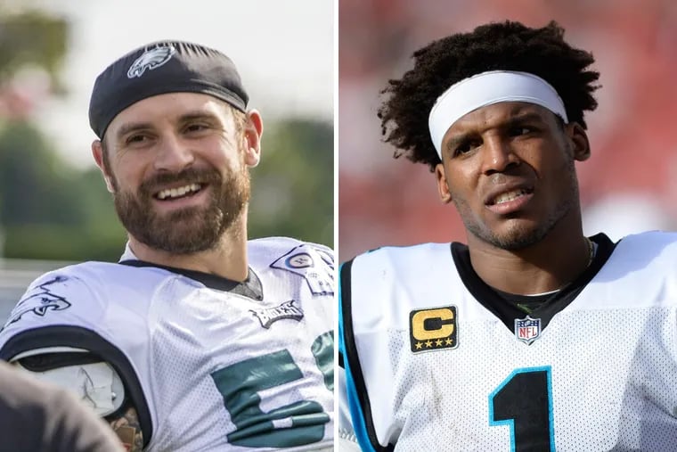 Recently retired Eagles defender Chris Long (left) touted Amtrak following Panthers quarterback Cam Newton's failed attempt to get more legroom on an airplane.
