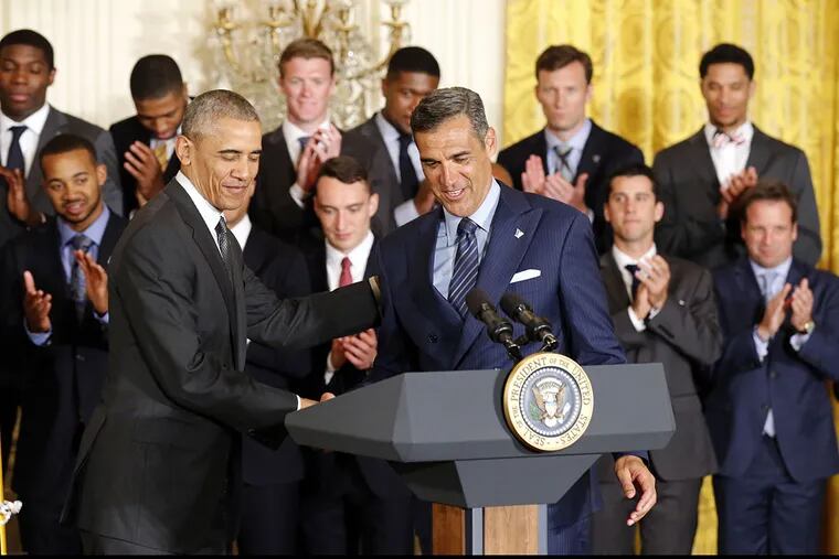 President Obama introduces Villanova coach Jay Wright while the NCAA-champion Wildcats men's basketball team was honored at the White House on Tuesday, May 31, 2016.