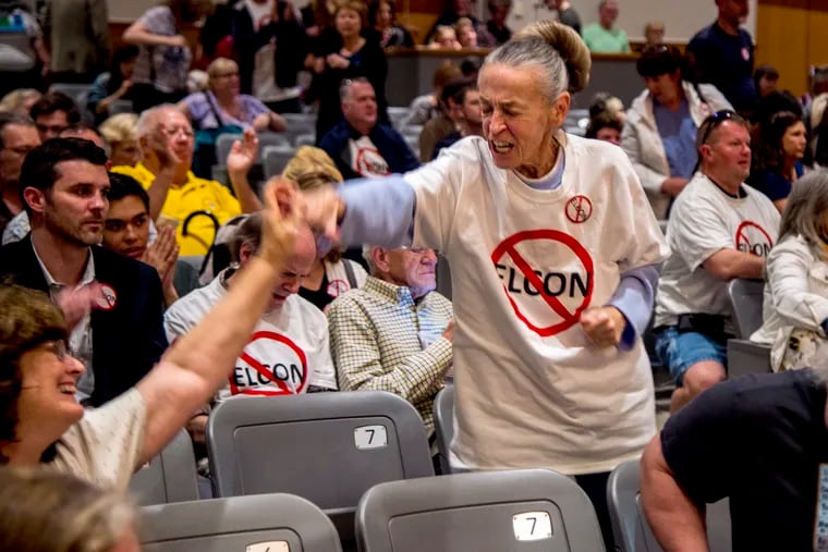 In a 2019 photo, Eileen Reed (standing) of Newtown celebrates the vote of the Falls Township Board of Supervisors against Elcon Recycling, a chemical wastewater processing plant proposed for Fairless Hills. For almost five years,  Bucks County residents have banded together to protest the plant, which, if approved, would be owned and run by an Israel-based company.