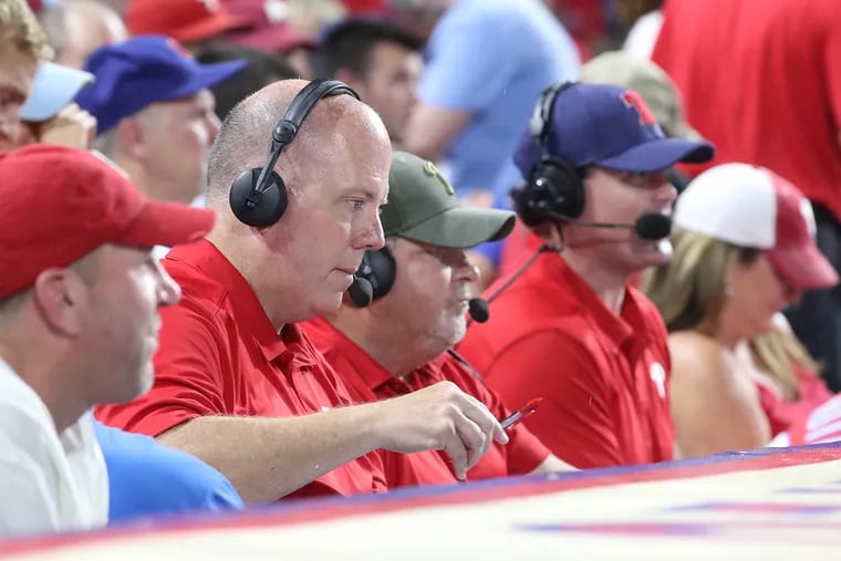 Phillies television broadcasters Tom McCarthy, John Kruk, and Ben Davis, left to right, likely will be calling 2020 road games from off-site locations, probably their booth at Citizens Bank Park.