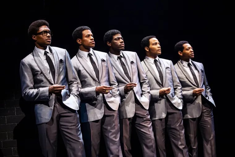 (Left to right:) Ephraim Sykes, Jeremy Pope, Jawan M. Jackson, James Harkness, and Derrick Baskin in "Ain't Too Proud to Beg: The Life and Times of the Temptations," at the Imperial Theatre in Manhattan.
