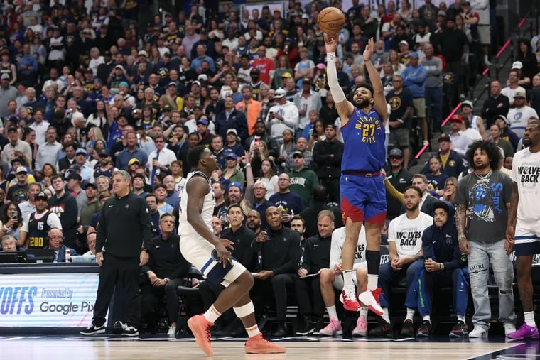 Jamal Murray #27 of the Denver Nuggets puts up a shot against Anthony Edwards #5 of the Minnesota Timberwolves in the first quarter during Game One of the Western Conference Second Round Playoffs at Ball Arena on May 04, 2024 in Denver, Colorado. (Photo by Matthew Stockman/Getty Images)