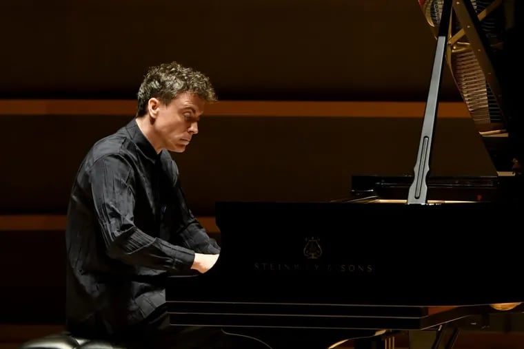 Pianist Paul Lewis playing at the Perelman Theater Thursday night.