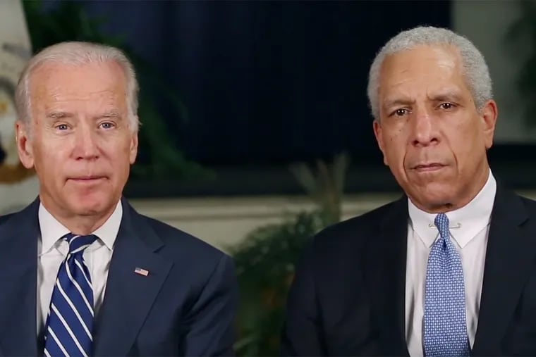 In a rare departure, Vice President Joe Biden (left) and Philadelphia lawyer Tim Lewis give the weekly White House Address on Saturday, July 30, 2016.