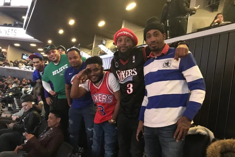 A group of Sixers fans made the trip to Brooklyn to watch the Sixers play the Nets. From left Dave Fraser, Brian Morgan, Kevin Lewis, Idris Amir, Christopher Cottman, Brandon Palmer, and Jodie Mack.