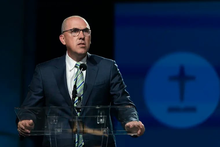 Bart Barber, pastor of First Baptist Church of Farmersville, Texas, speaks during the Southern Baptist Convention in Anaheim, Calif.