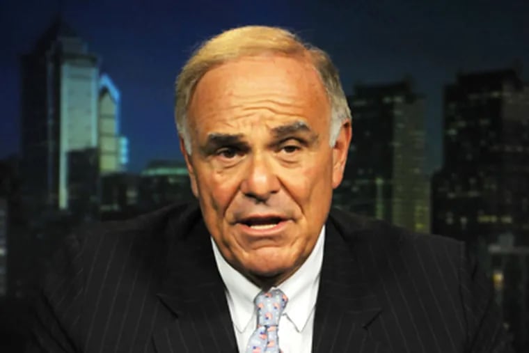 Gov. Rendell participates in a BCC television show via the Videolink studio in Center City on Election Night. (Sarah J. Glover / Staff Photographer)