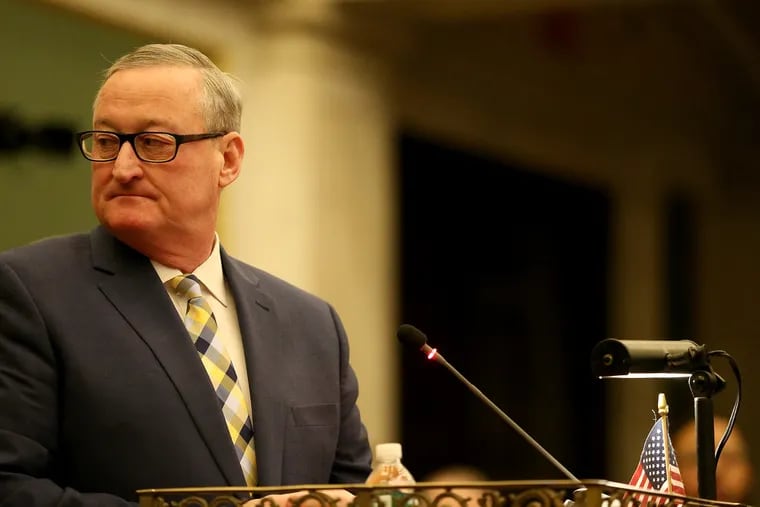 Mayor Jim Kenney pauses as he makes his fiscal year 2020 budget address Thursday to City Council.