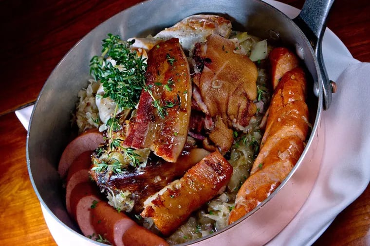 Classic choucroute garnie with lots of wursts and pork, served at Townsend by chef Townsend "Tod" Wentz.