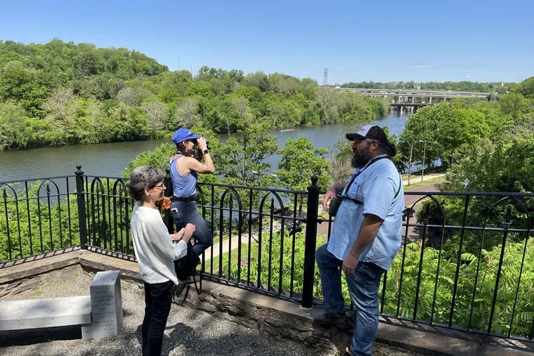 From left, Nancy Goldenberg, president and CEO of Laurel Hill Cemetery, and Jessie Buckner and Mike McGraw of Resource Environmental Solutions, survey the cemetery from an overlook. The granite outcrop and slope below will be cleared of invasive and other nuisance vegetation to create a new meadow of native species.