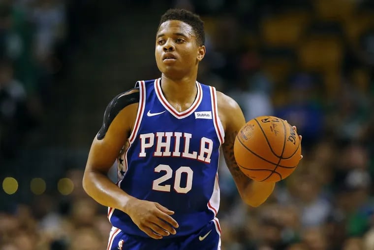 In this Oct. 9, 2017, photo, Philadelphia 76ers guard Markelle Fultz during the first quarter of a preseason NBA basketball game against the Boston Celtics in Boston.