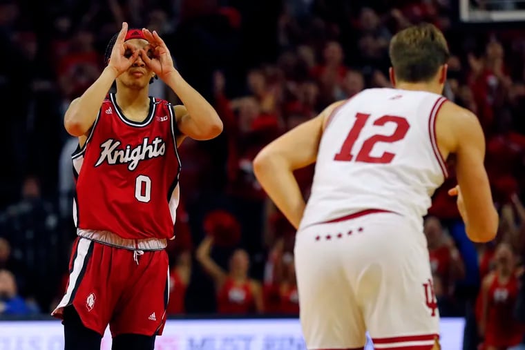 Rutgers guard Derek Simpson reacts after making a three-point basket against Indiana.