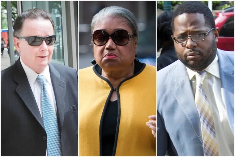 Former Philadelphia Traffic Court Judges Mike Lowry (left), Thomasine Tynes (center) and Willie Singletary (right) were convicted on federal perjury charges in 2014 and now are circulating nomination petitions to run in the May 21 Democratic primary for City Council.