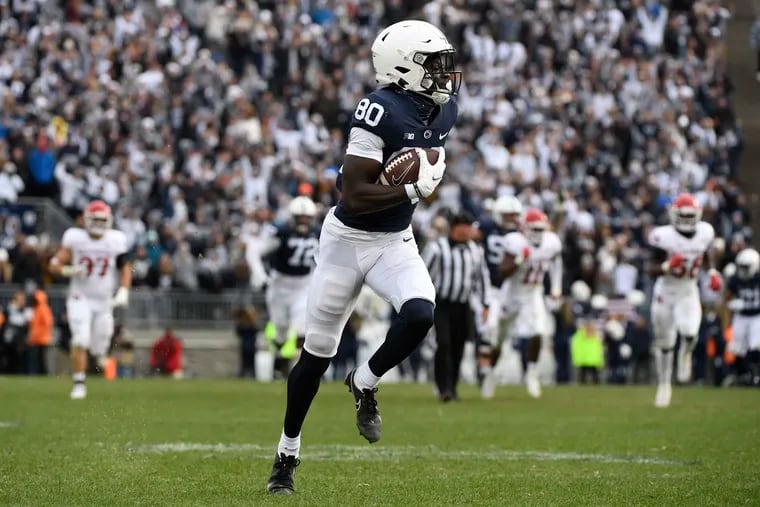 Penn State wide receiver Malick Meiga (80) scores a touchdown against Rutgers last week.