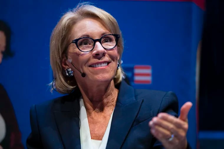 FILE - In this Sept. 17, 2018, file photo, Education Secretary Betsy DeVos speaks during a student town hall at the National Constitution Center in Philadelphia. One of the nation's largest teachers' unions sued the U.S. Education Department on Thursday, July 11, 2019, over a federal program that promises to forgive student loans for public workers but has been beset by problems. (AP Photo/Matt Rourke, File)