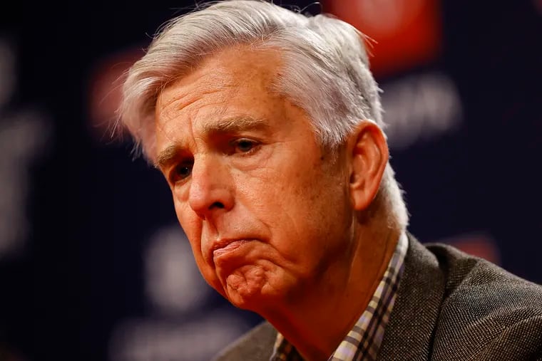 Dave Dombrowski, the Phillies' president of baseball operations, listening to questions during a press conference after the firing of Joe Girardi.