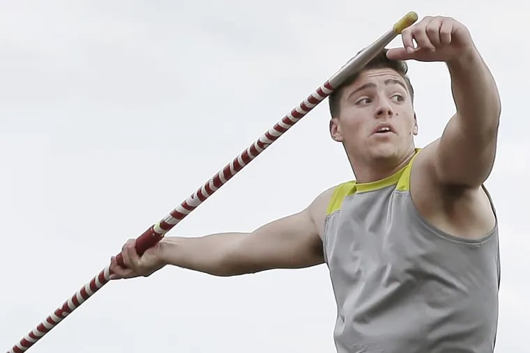 Rancocas Valley javelin thrower Nick Mirabelli works on technique during practice at the school in Mt. Holly on Thursday. 