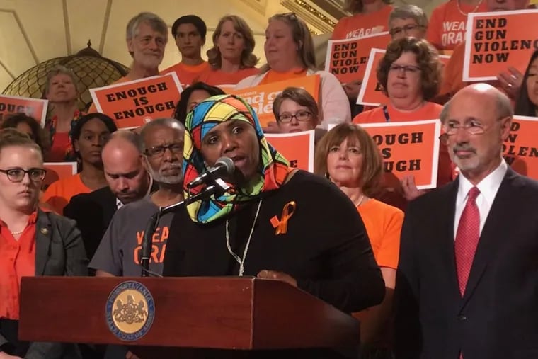 Rep. Movita Johnson-Harrell speaks about her experience with gun violence at a rally in the Pennsylvania Capitol last month.