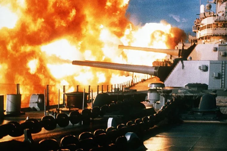 Navy photo of the USS New Jersey firing off the coast of Lebanon in 1984. Federal prosecutors alleged that Richard Meleski of Bucks County claimed he was in Lebanon that year as a Navy SEAL when he never served in the military.