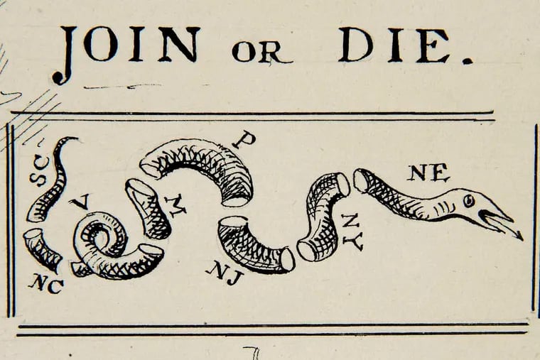 Benjamin Franklin's famous &quot;Join, or Die&quot; poster is considered by many historians to be the first American political cartoon.
