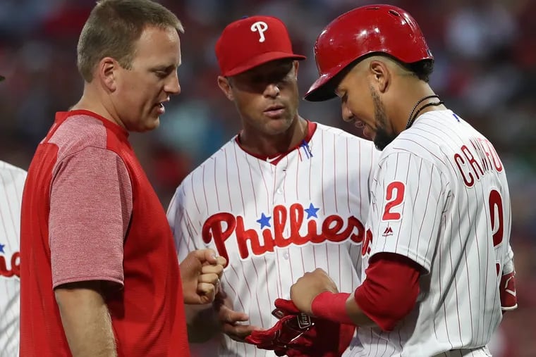 J.P. Crawford suffered a fractured wrist when he was hit in the hand with a 94-mph fastball during Tuesday's Phillies game.